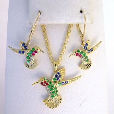 Hummingbird earrings with sapphires, rubies, and garnets