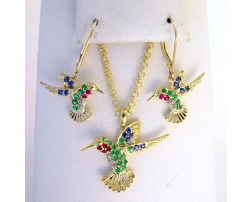 Hummingbird earrings with sapphires, rubies, and garnets