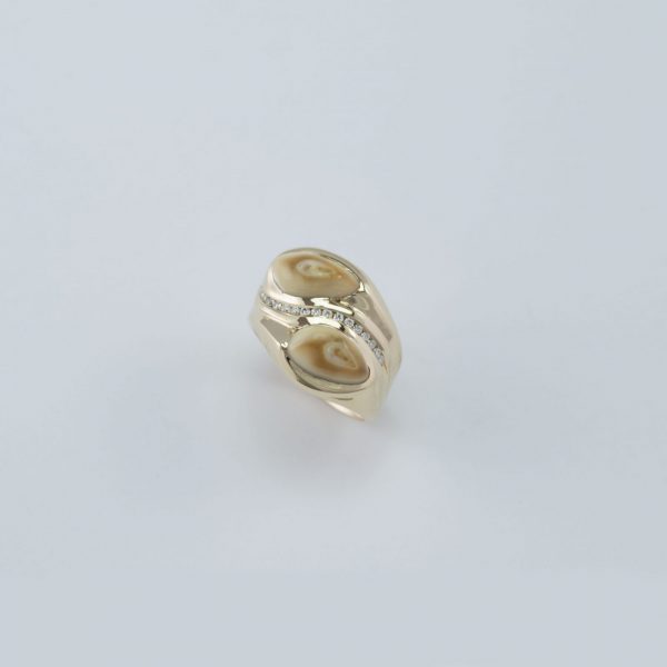 Cow ivory ring with white diamonds and 14kt yellow gold