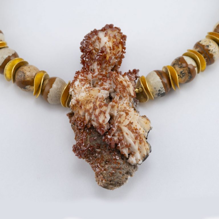 Vanadinite pendant with barite, picture jasper beads and gold discs