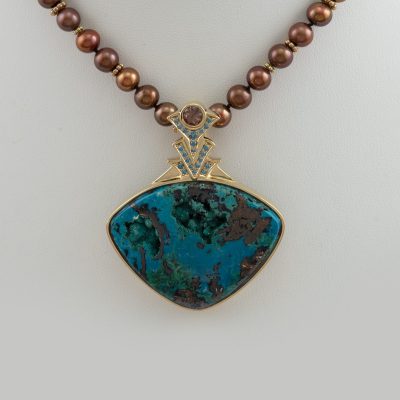Chrysocolla and malachite pendant with blue diamonds, brown zircon and 18kt yellow gold