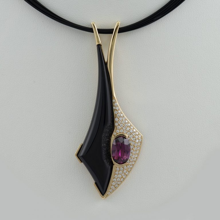 Black Onyx druzy pendant with garnet and diamonds