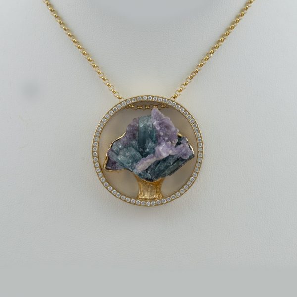 Golconda Tourmaline crystal pendant with 18kt yellow gold and diamonds