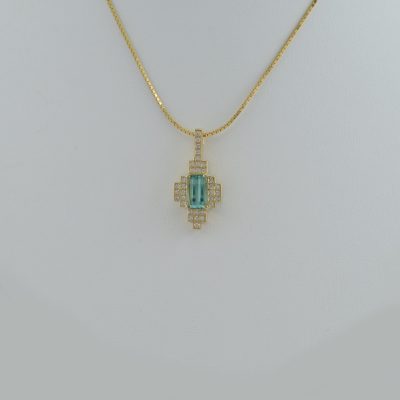 Emerald cut tourmaline pendant with diamond accents