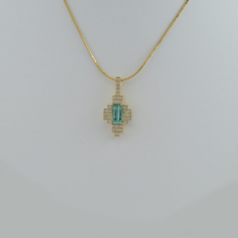 Emerald cut tourmaline pendant with diamond accents