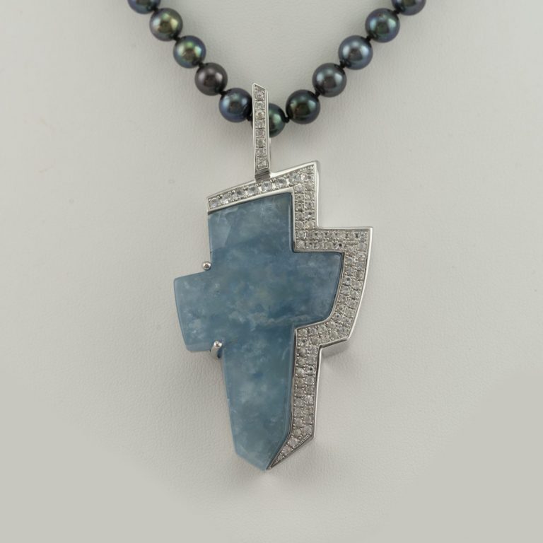 Aquamarine Cross Pendant in Sterling Silver with White Sapphire accents