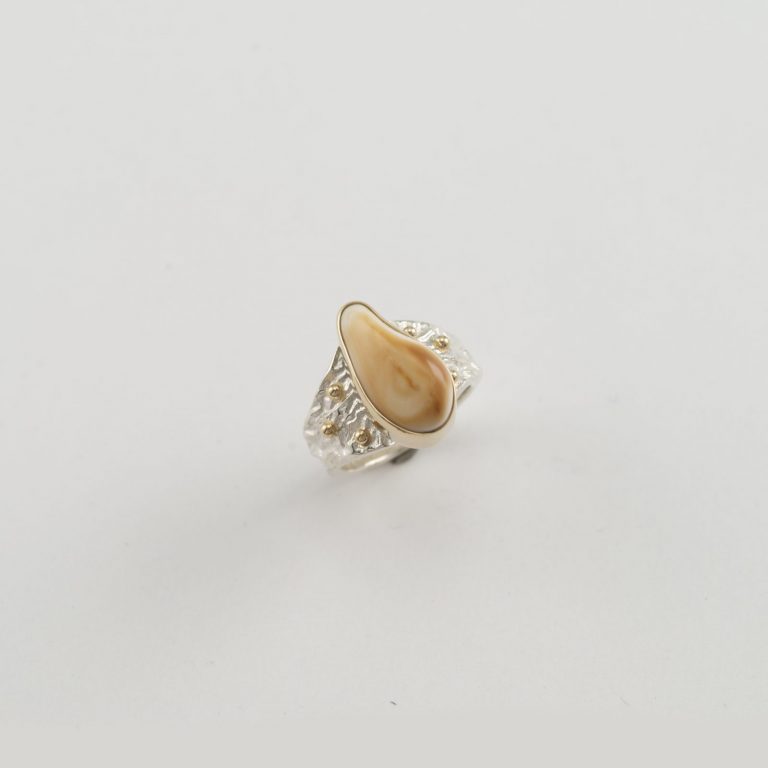 Men's elk ivory ring with 14kt gold and sterling silver accents. One of a kind and shown in a size 10. This ring can be sized.