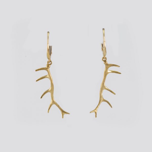 These are the large gold antler earrings. They are on leverbacks. They have been cast in 14kt yellow gold. Also available in Rose Gold.