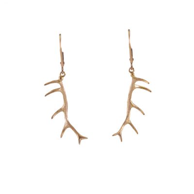 These are the Rose Gold Antler earrings. They have been cast in 14kt gold. They are on Leverbacks. Also available in sterling silver and yellow gold.