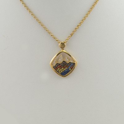 Gemstone Teton pendant with Sapphires and Diamonds in 14kt yellow gold. Also available in 14kt White Gold. Chain not included.