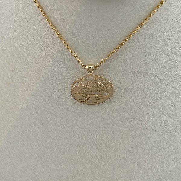 Teton Elk Pendant in 14kt yellow Gold. We also offer this pendant in 14kt white gold and sterling silver. The chain is not included.