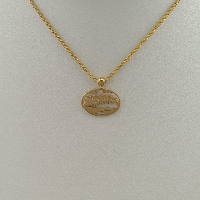 This is the Gold Teton Pendant. It has been cast in 14kt yellow gold. Also available in 14kt white gold and Sterling Silver. In the Gold, the chain is not included.