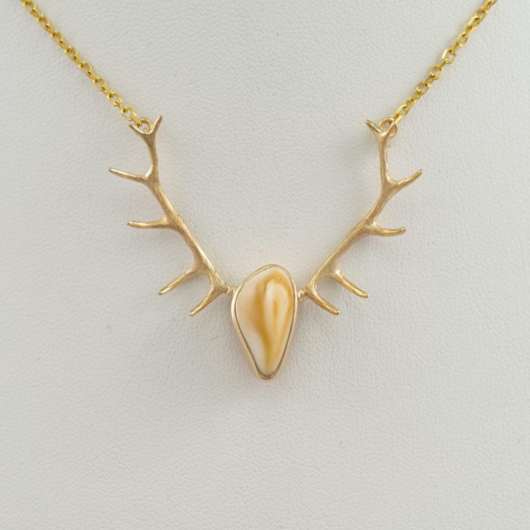 This Elk Antler Necklace set in 14kt yellow gold. The center stone is an Elk Ivory that has been harvested from a Bull Elk.