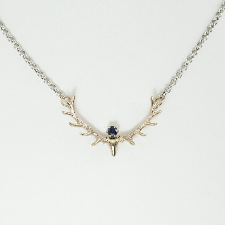 Sapphire Antler necklace in 14kt white gold with chain. This necklace can be made with any gemstone you would like. Can also be ordered in yellow gold.
