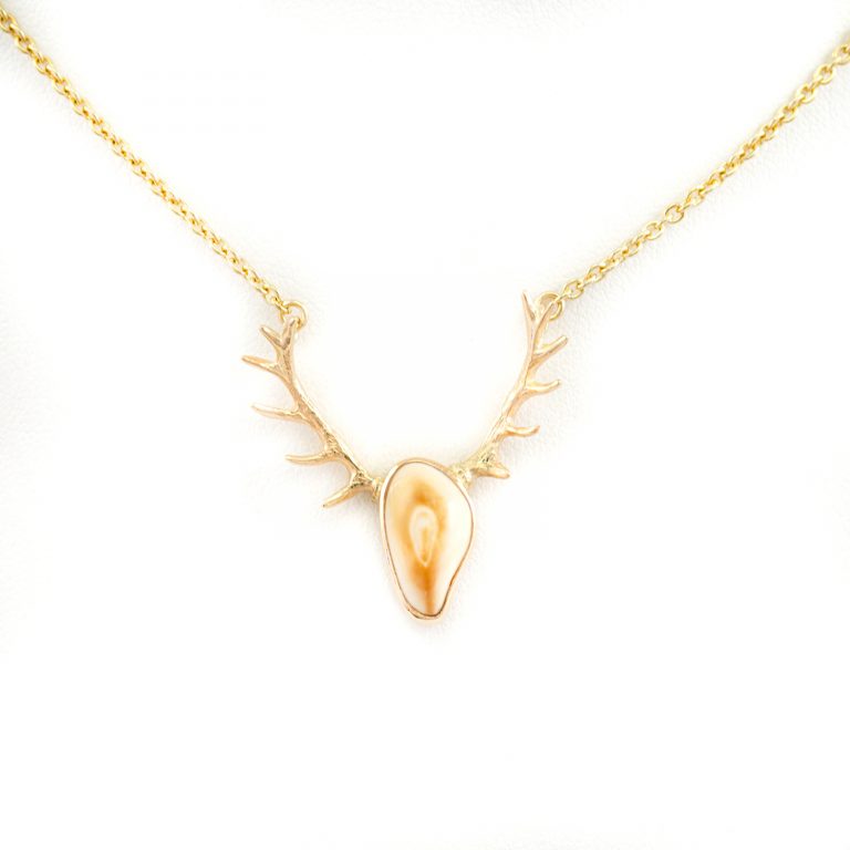 This is our Small Elk antler necklace with elk ivory in 14kt yellow gold. The elk Ivory comes from a cow Elk. The chain is included.