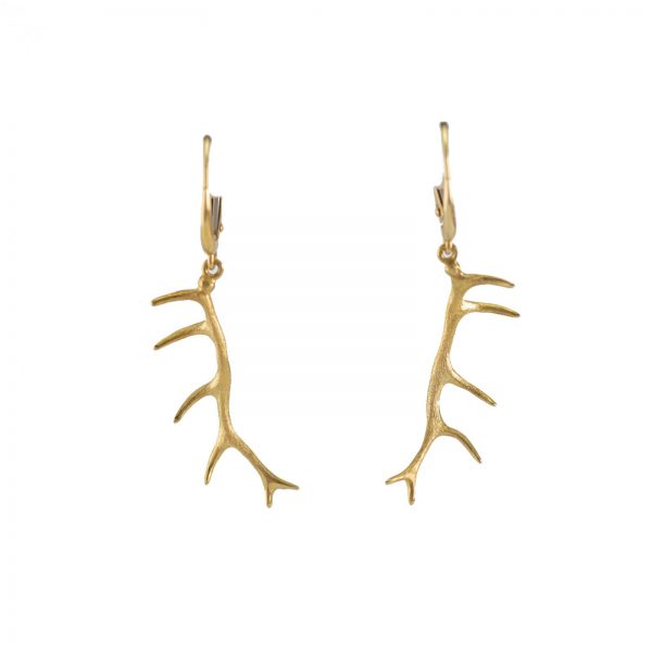 Antler earrings in 14kt yellow gold with Leverbacks. This antler earrings have a texture that mimics an actual elk antler.
