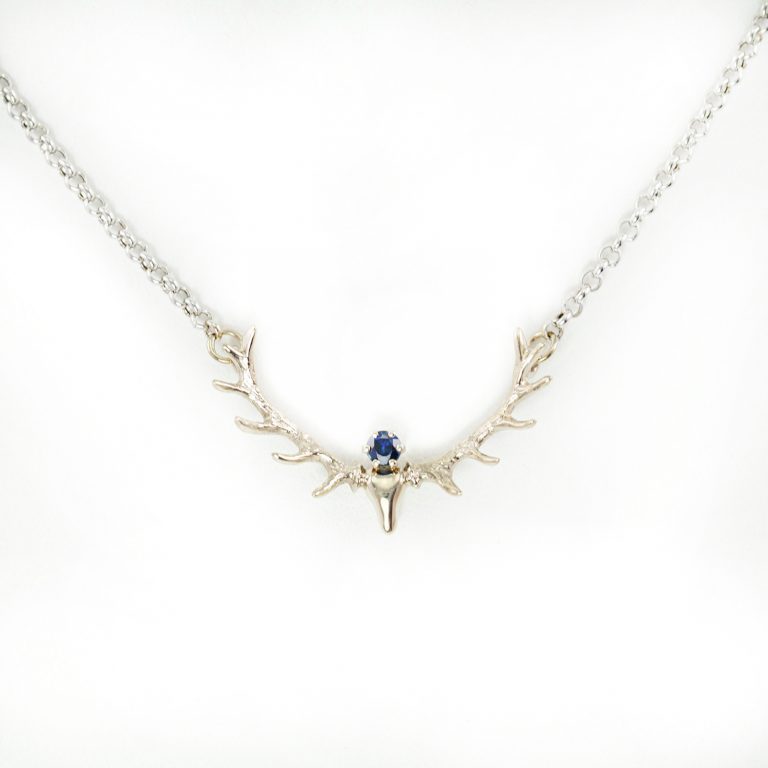 Sapphire Antler necklace in 14kt white gold with chain. This necklace can be made with any gemstone you would like. Can also be ordered in yellow gold.
