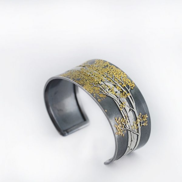 Wide Aspen cuff with argentium silver and placer gold