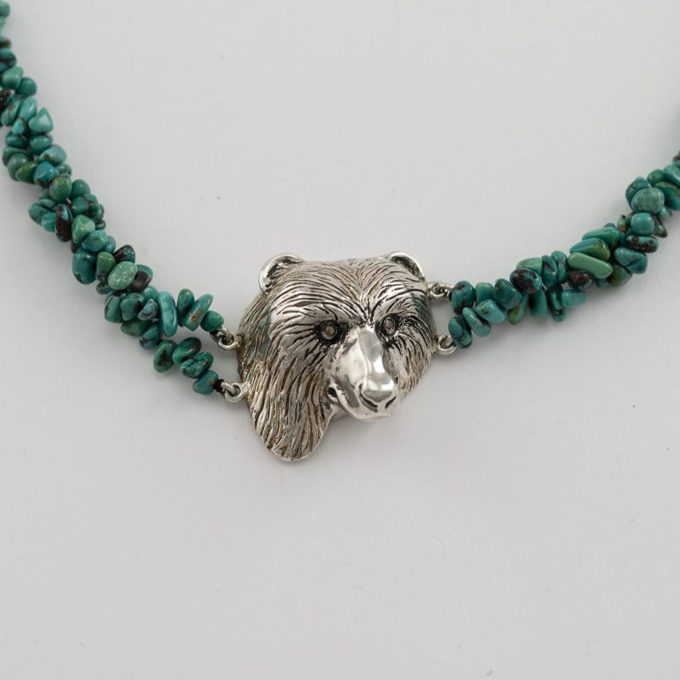 Silver Bear Pendant with Diamonds and turquoise