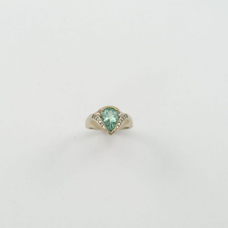 Pear Cut Seafoam tourmaline ring with Diamonds