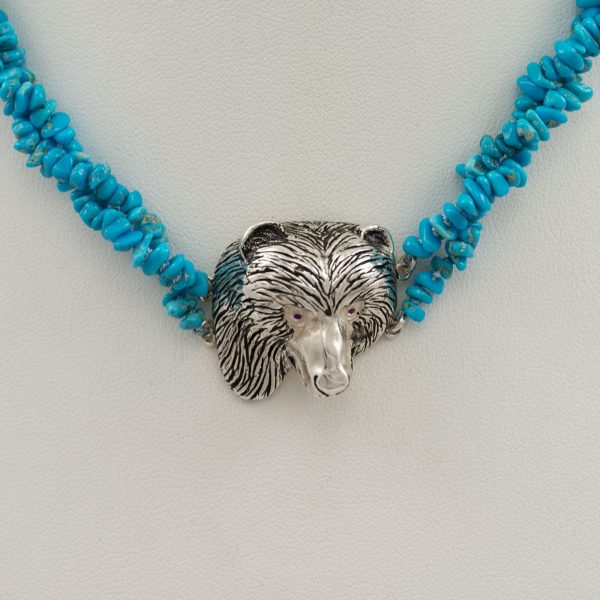 Bear head pendant with silver, turquoise and rubies