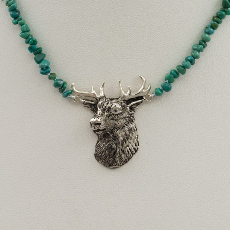 Deer pendant with silver, sapphire and turquoise