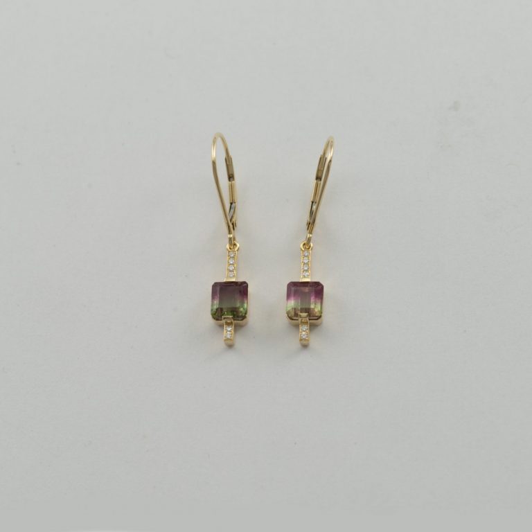 bi-color tourmaline earrings with diamonds and 18kt yellow gold
