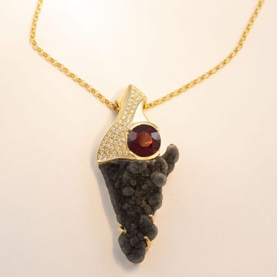 Cinnamon tourmaline pendant with druzy and diamonds