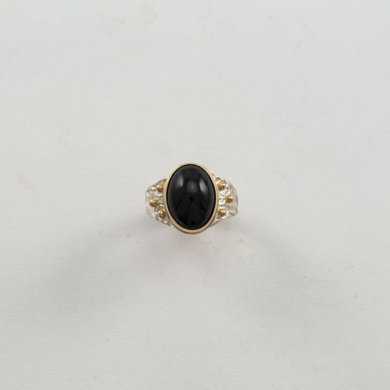Men's ring with black jade, gold and sterling