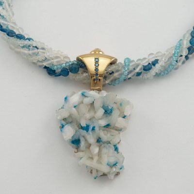 Stilbite and Cayanite pendant with gold and diamonds