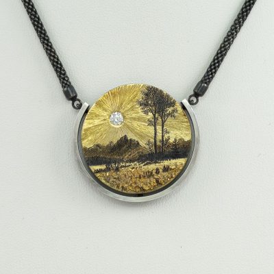 Grand Teton pendant with 14kt, placer gold, silver and a diamond accent