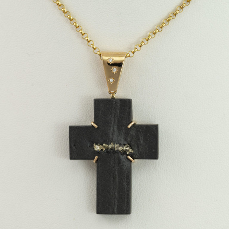 Cross pendant with pyrite in slate and diamond accents
