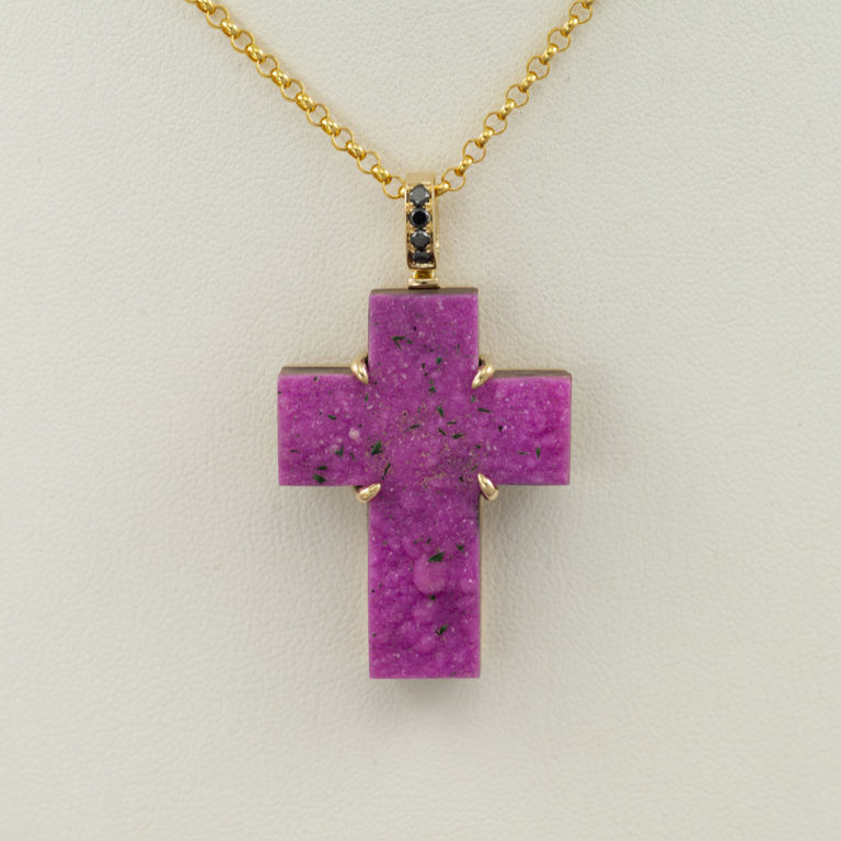 Pink druzy cross with diamond accents set in 14kt yellow gold