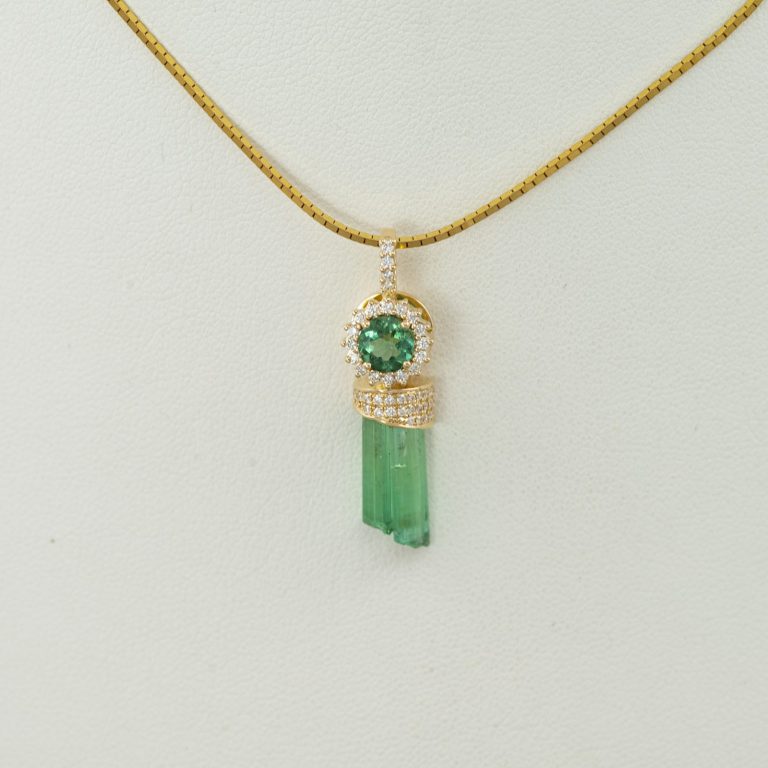 Tourmaline crystal pendant with diamonds in yellow gold
