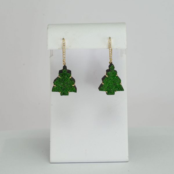Christmas tree earrings with garnet druzy, gold and diamonds
