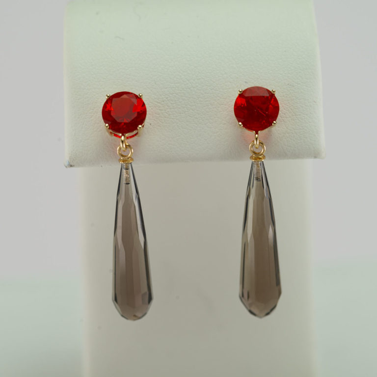 Fire opal earrings with smokey quartz briollettes. Both the round-cut fire opals and briollette cut smokey quartz have been set in 14kt gold.