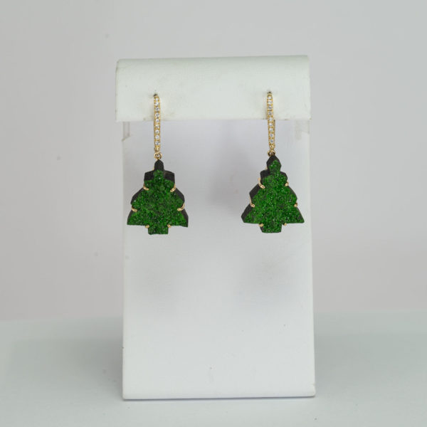These Christmas tree earrings are one-of-a-kind. They are made with green garnet druzy set in 14kt gold with diamond accents.