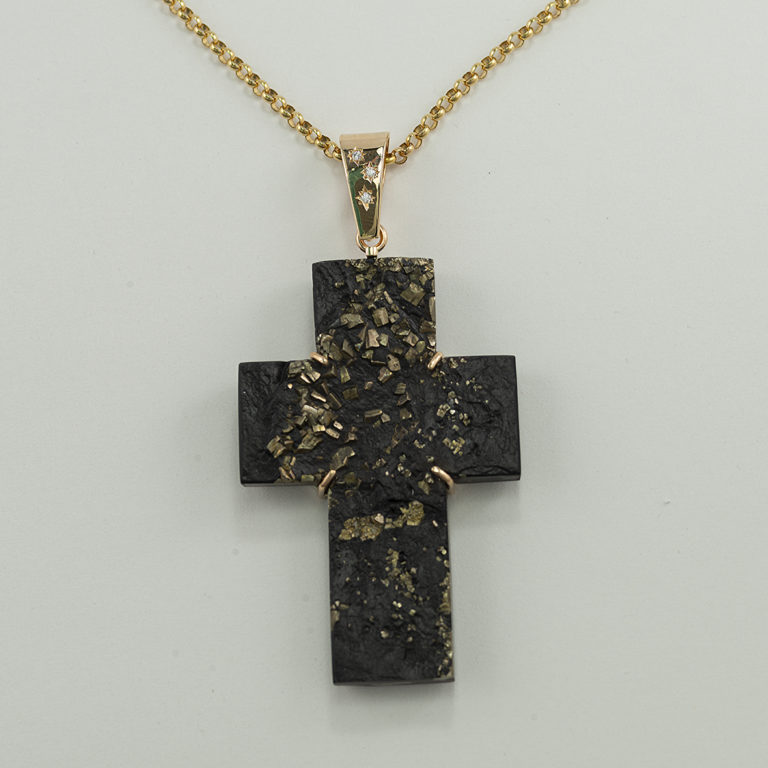 Cross pendant with pyrite in slate, diamonds, yellow gold and sterling silver