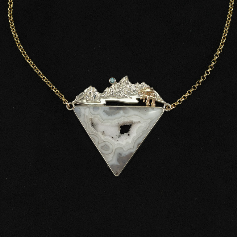 Agate Teton Pendant with white gold, yellow gold, and a diamond