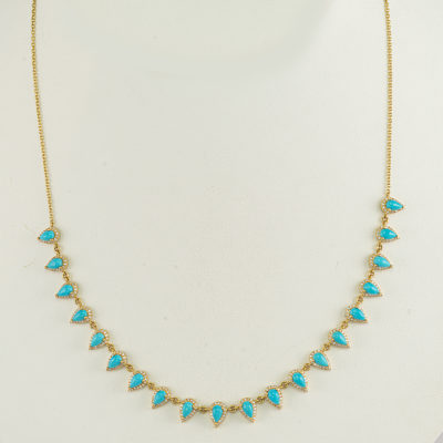 This Sleeping Beauty Necklace has Diamond accents. Both the Diamonds and the Turquoise have been set in 14kt yellow gold. The chain is adjustable and can be worn at 16", 17" or 18".