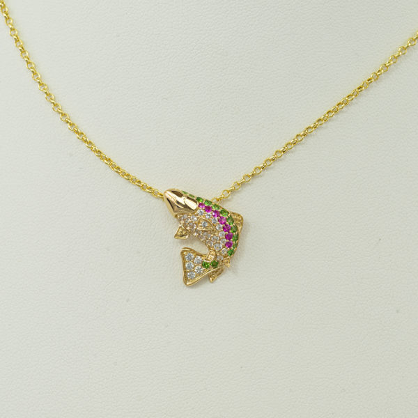 Here is a rainbow trout pendant in 14kt yellow gold. The pendant has been paved with white and colored sapphires. The chain is not included.