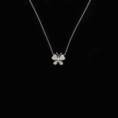 This diamond butterfly necklace was made with 14kt white gold. There are .37ct of diamond accents. The chain is included in the price.