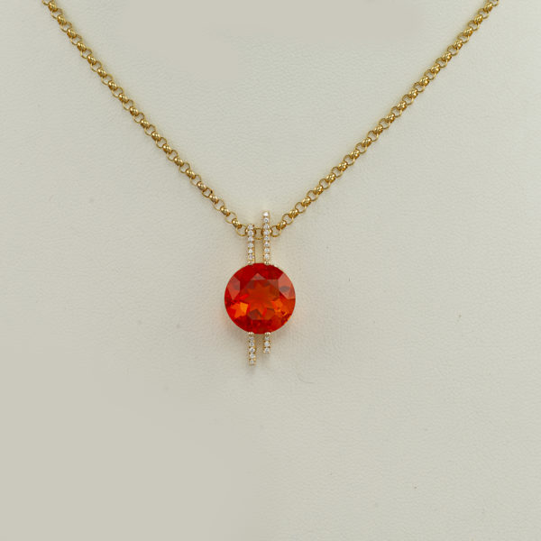 Fire Opal Pendant with diamond accents in 14kt yellow gold