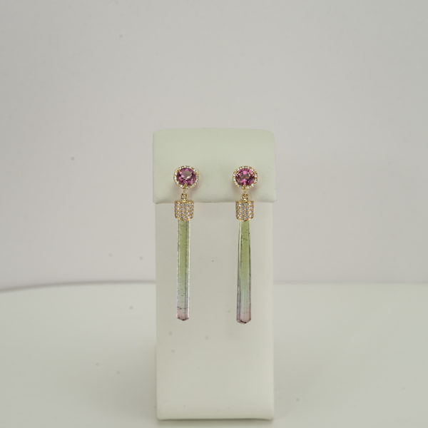 Tourmaline crystal earrings with diamond accents, pink tourmaline and 14kt yellow gold.
