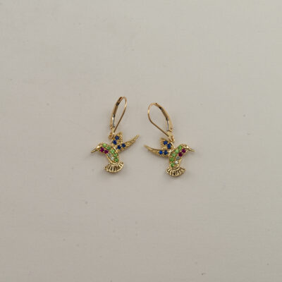These hummingbird earrings were cast in 14kt yellow gold. Set in the gold are diamonds, rubies, sapphires and tsavorite garnets.