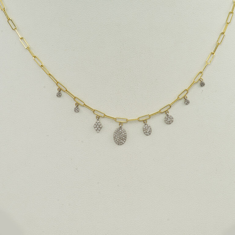 Here is a Meira T paperclip necklace with charms. The "paperclips" have been made with 14kt yellow gold. The length is adjustable.