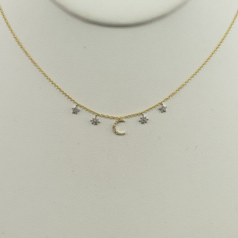 Here is a diamond crescent moon necklace by Meira T.  This necklace has both 14kt white and yellow gold. The "charms" have been paved with white diamonds. The chain is adjustable in length.