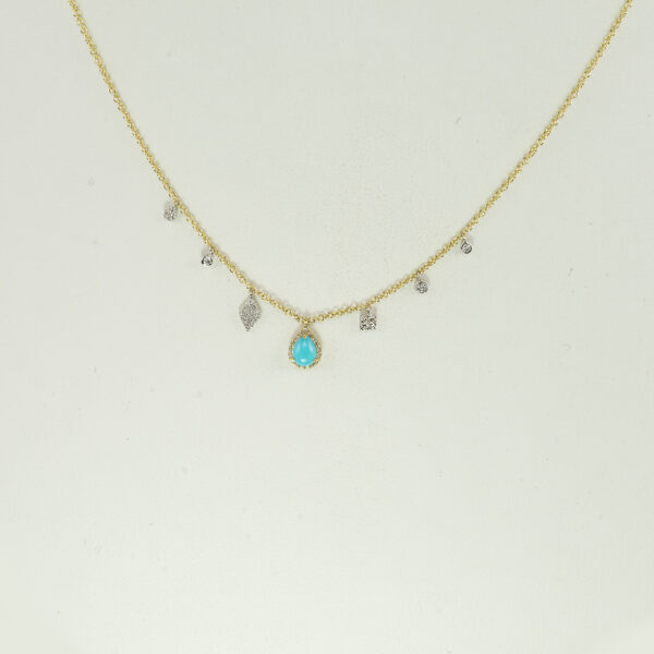 Here is a teardrop turquoise necklace by Meira T. It has 14kt white and yellow gold. Accenting the turquoise are diamond "charms". The chain length can be adjusted.