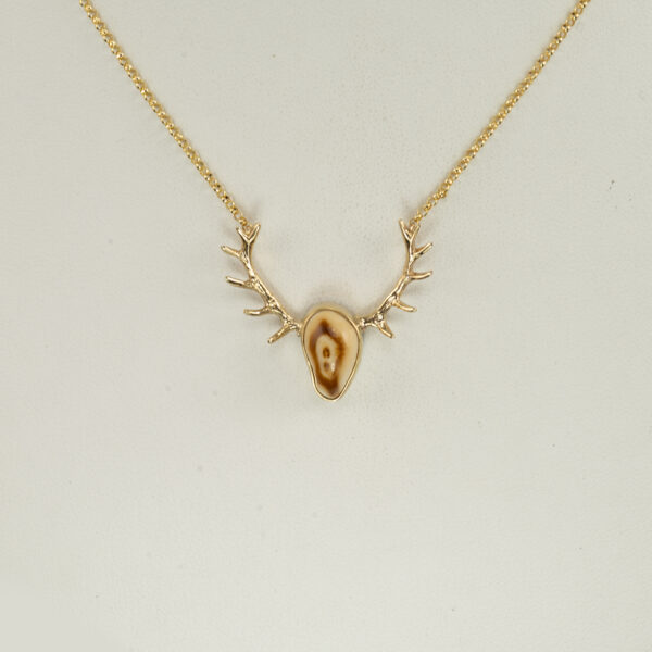 This is our small elk ivory and antler pendant. This piece was made with 14kt yellow gold and has a sterling silver backplate.