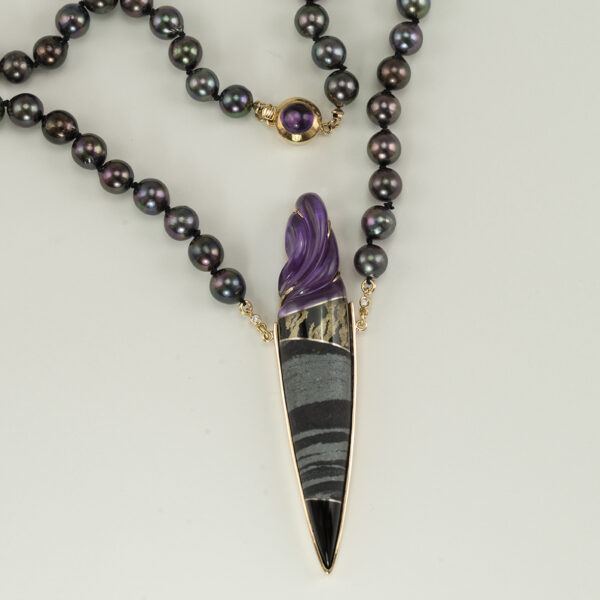 Intarsia with Amethyst, Black Jade, and Zebra Stone Necklace
